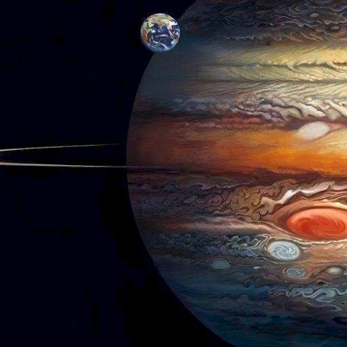 A digitally altered image showing an oversized Earth near Jupiter, featuring its Great Red Spot and swirling cloud patterns.