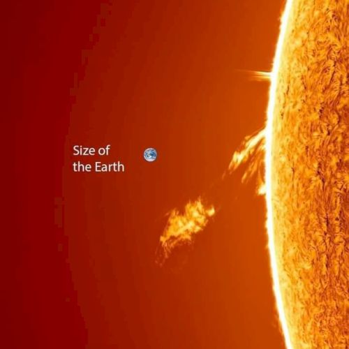 The image compares the size of Earth to a solar prominence on the Sun, highlighting the vast difference in scale.