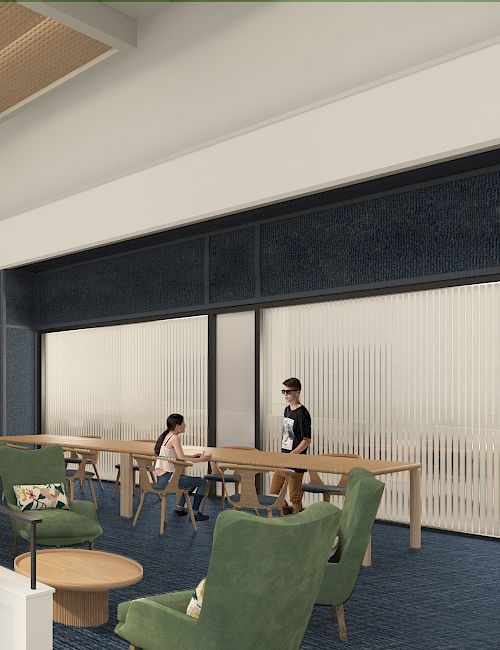 A modern interior space with people, featuring lounge chairs, tables, and high ceilings.