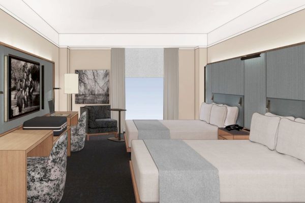 The image shows a modern hotel room with two beds, a TV, a desk, and a chair, featuring a neutral color palette and minimalistic design.