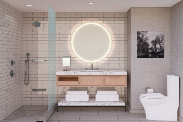 A modern bathroom with a round lit mirror, marble sink, shower area, and toilet, featuring neutral tones and a black and white wall photo.